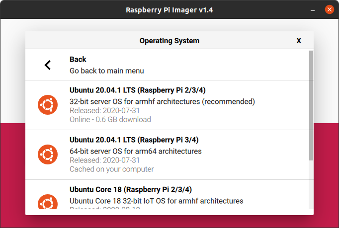 Selecting Ubuntu using the Raspberry Pi Imager