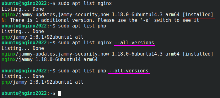 The output of "sudo apt list" for multiple packages.